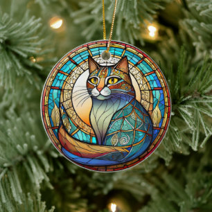 Fett Cat Ceramic Decorative Stached glass look Julgransprydnad Keramik