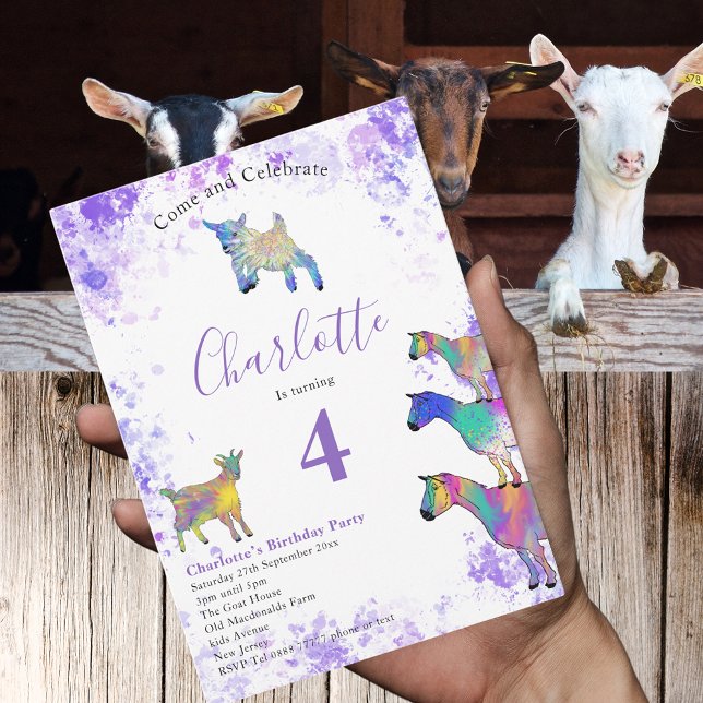 Fetter Kids 5:e födelsedag FotoLila Inbjudan Vykort (Cute goats farm animal watercolor colorful 4th birthday party budget invitation postcard )
