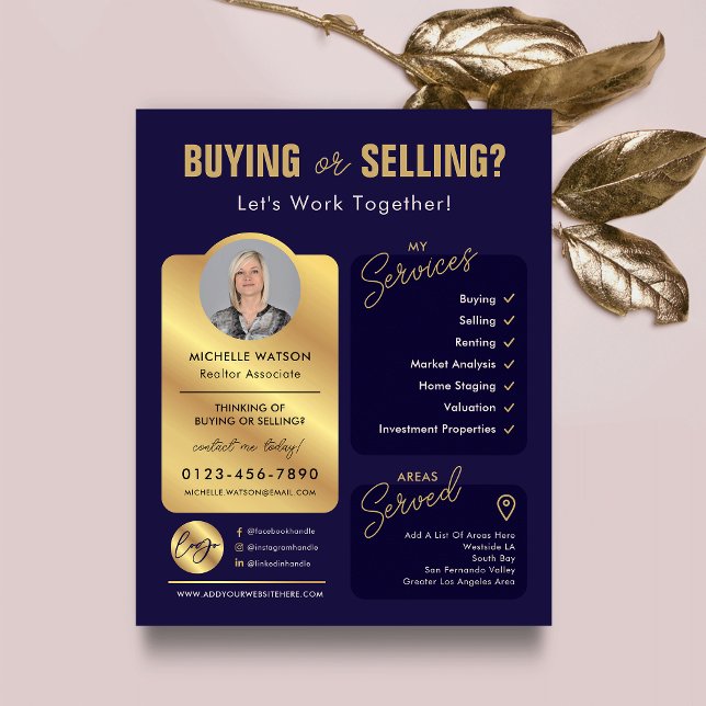 Fettfälla för foto i marinen Guld och Gods Agent Flygblad (Modern navy and gold real estate agent marketing flyer with your custom photo and logo)