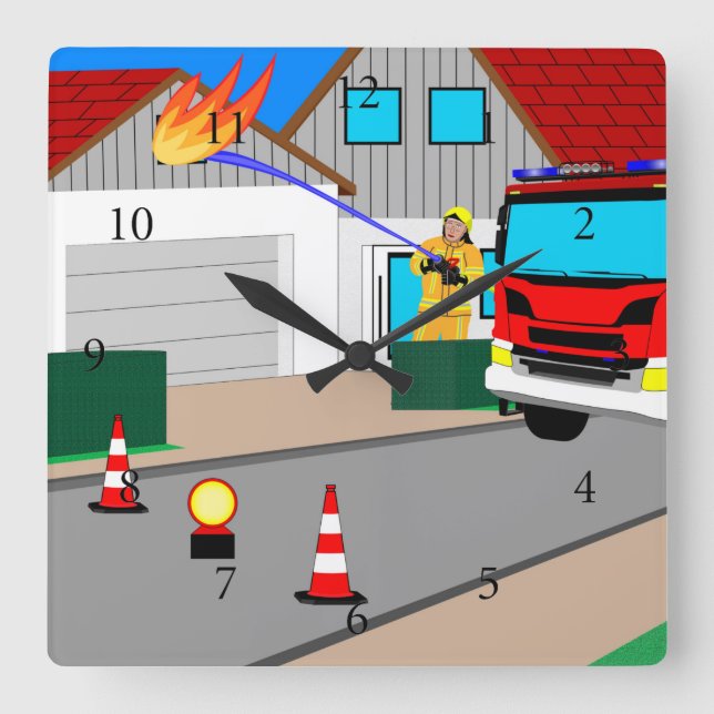 Feuerwehrmann löscht Garagenbrand Quadratische Wan Fyrkantig Klocka (Framsida)
