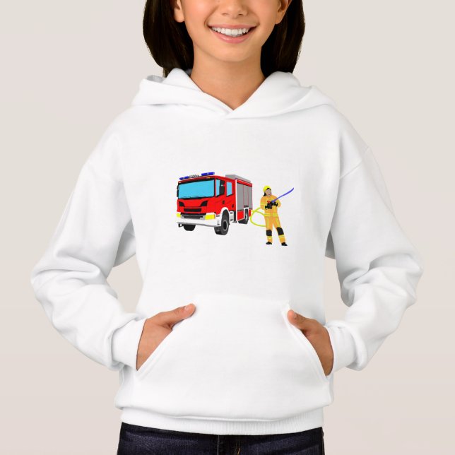 Feuerwehrmann und Löschfahrzeug Hoodie T Shirt (Framsida)