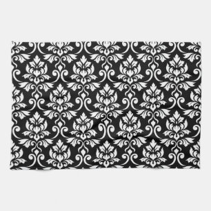 Feuille Damask Big Mönster White på Black Kökshandduk