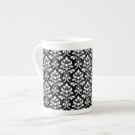 Feuille Damask Pattern White på Black Benporslin Mugg