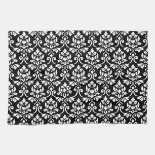 Feuille Damask Pattern White på Black Kökshandduk