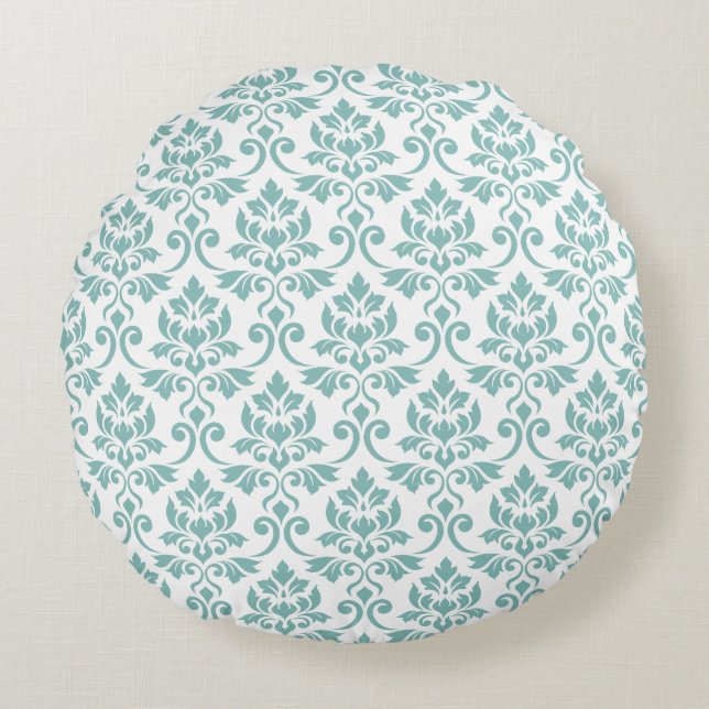Feuille Damask Teal Mönster Rund Kudde (Framsidan)