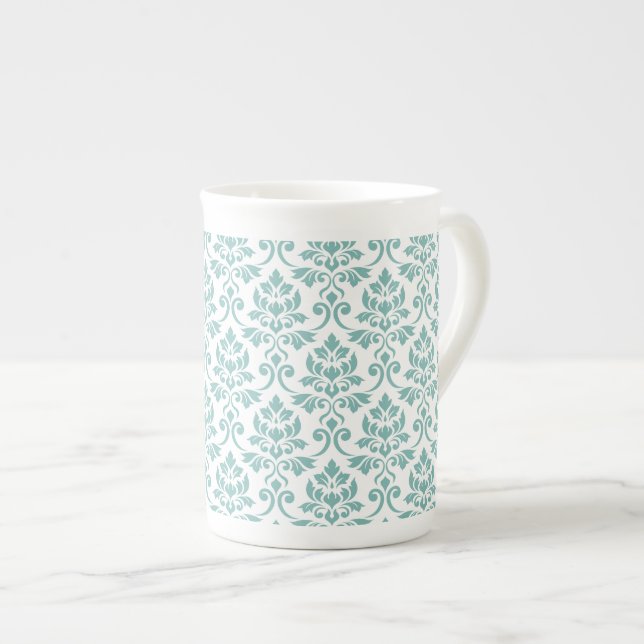 Feuille Damask Teal Pattern Benporslin Mugg (Framsida höger)