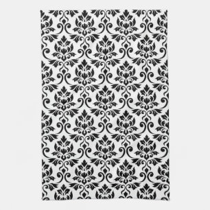 Feuille Damask (v) Mönster Black on White Kökshandduk