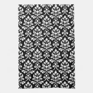 Feuille Damask (v) Mönster White on Black Kökshandduk