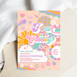 Fever Groovy Sol Regnbåge Disco 4-års Födelsedag Inbjudningar