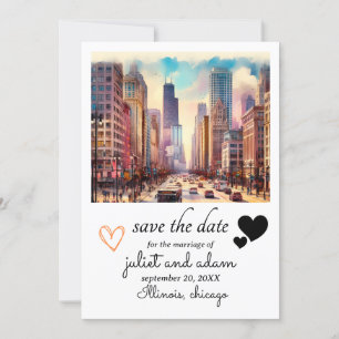 Few Hearts chicago bröllop skyline spara datumet Inbjudningar