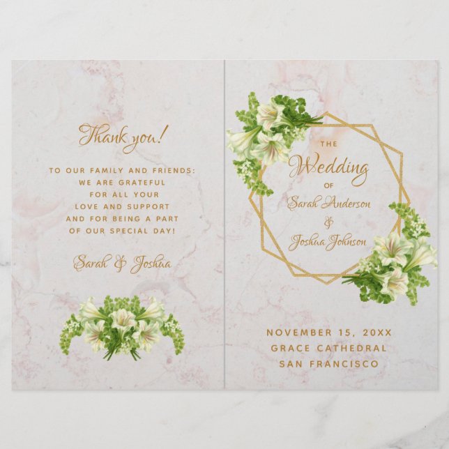 Ffällt Bröllopsprogram - Marble Guld White Lilies (Framsida)