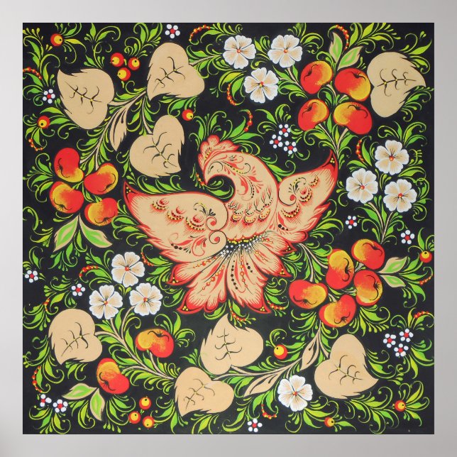 Fhoenix-brandfågelkonst i ryska folkkonsten khokhl poster (Framsidan)