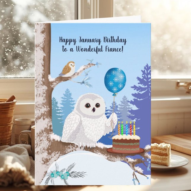 Fiance Happy January Birthday Snowy Owl Kort (Skapare uppladdad)