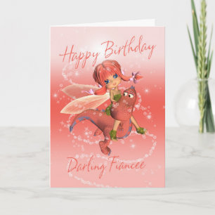 Fiancee Cute Birthday-kort, rosa drake med mejeri Kort