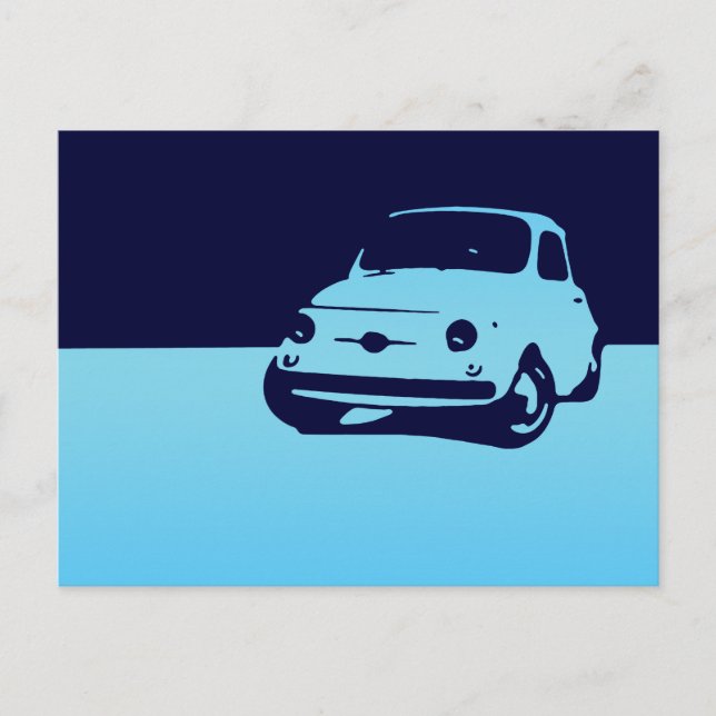 Fiat 500, 1959 - Lt blue on mörk postcard Vykort (Framsida)