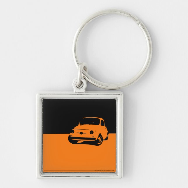 Fiat 500, 1959 - orange på mörk fyrkantig silverfärgad nyckelring (Framsidan)