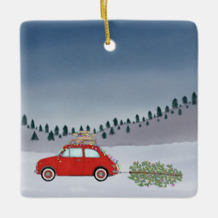 Fiat 500 bil med Julgran Watercolor Julgransprydnad Keramik