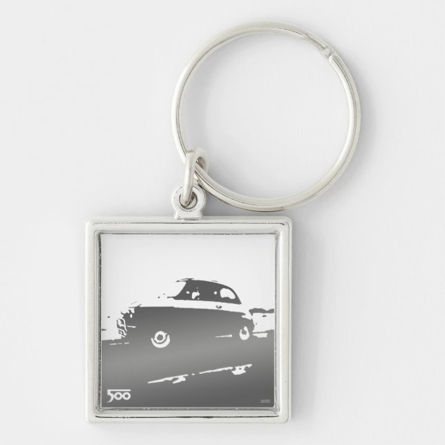 Fiat 500 klassikerkeychain - gråna på ljust fyrkantig silverfärgad nyckelring (Framsidan)