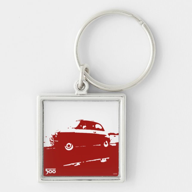 Fiat 500 klassikerkeychain - som är röd på ljust fyrkantig silverfärgad nyckelring (Framsidan)