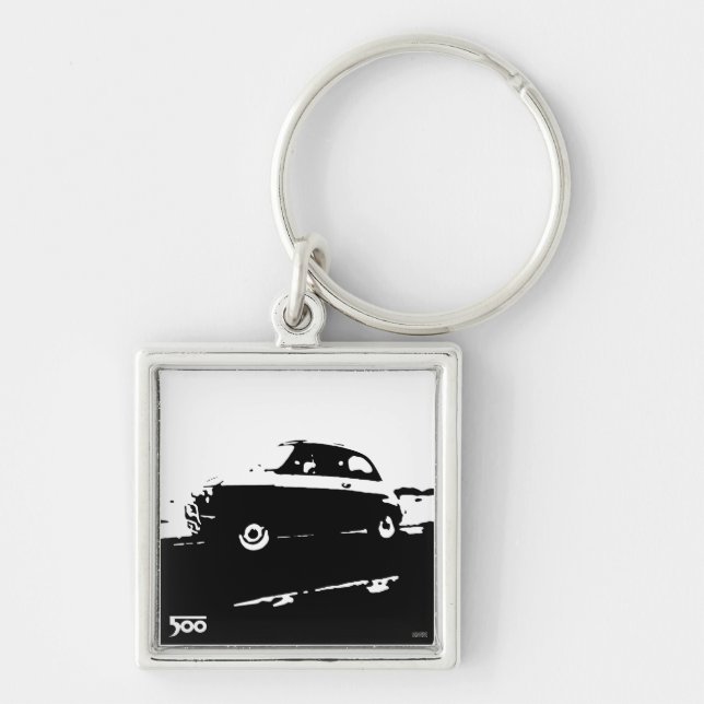 Fiat 500 klassikerkeychain - svärta på ljust fyrkantig silverfärgad nyckelring (Framsidan)