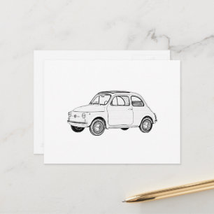 Fiat 500 Topolino Black and White Pencil Teckning Vykort