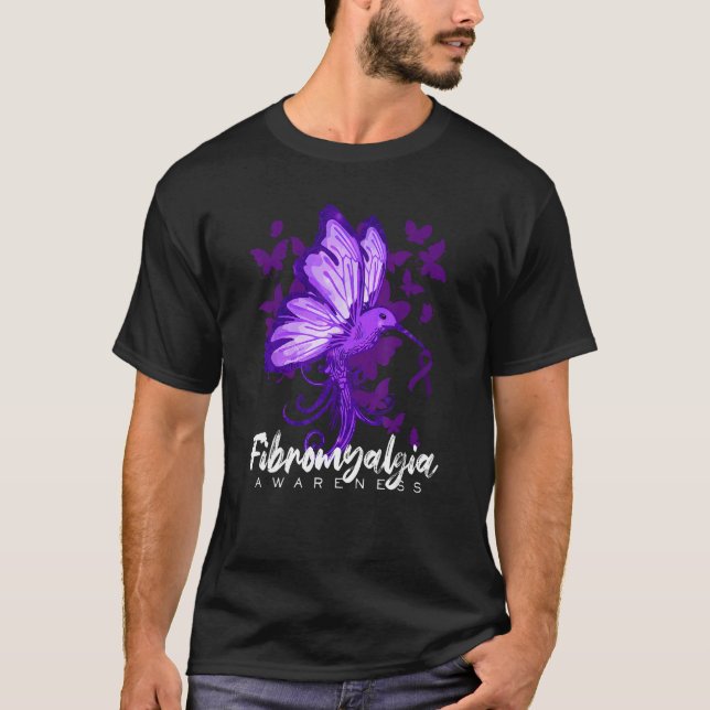 Fibromyalgia Awareness Hummingbird Holding Purple  T Shirt (Framsida)