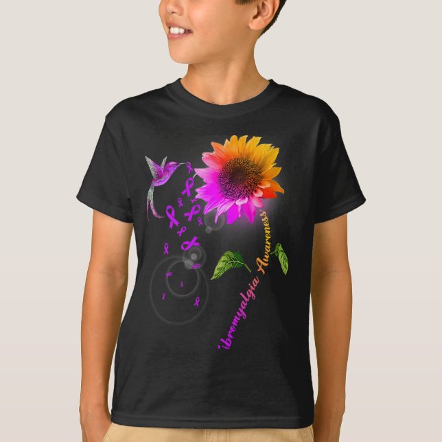 Fibromyalgia Awareness Lila Solros Hummingbir T Shirt (Framsida)