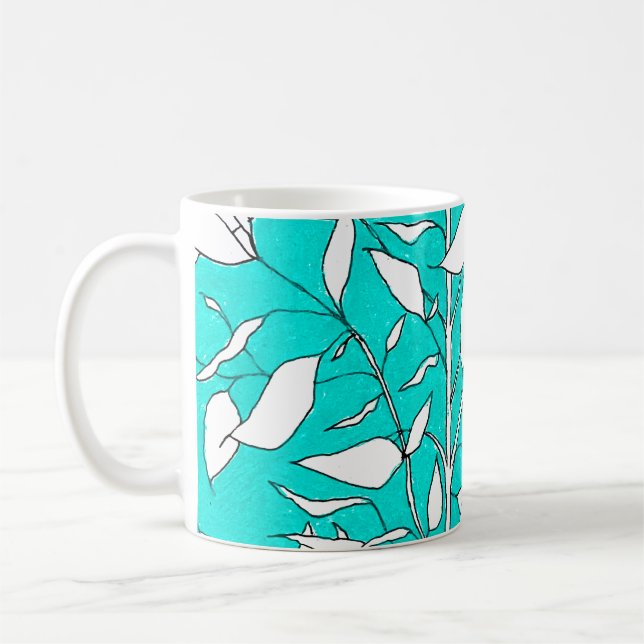 Ficus träd växt linjedragning blå bakgrund kaffemugg (Vänster)