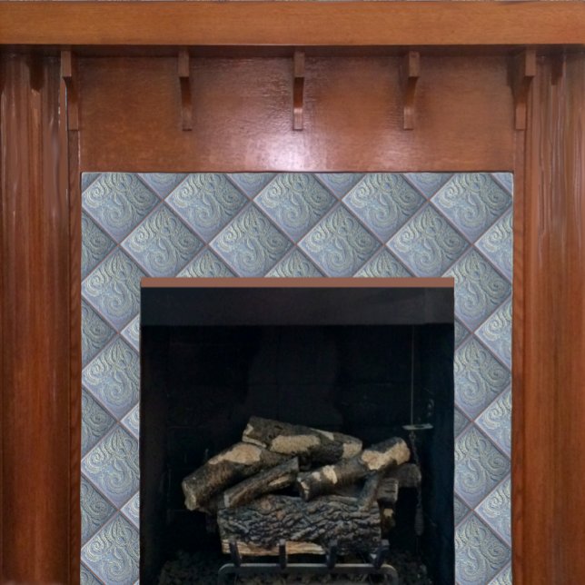 Fiddlehead fern Blue Ceramic Tile Kakelplatta (Blue Fiddlehead fern tile shown on a fireplace,)