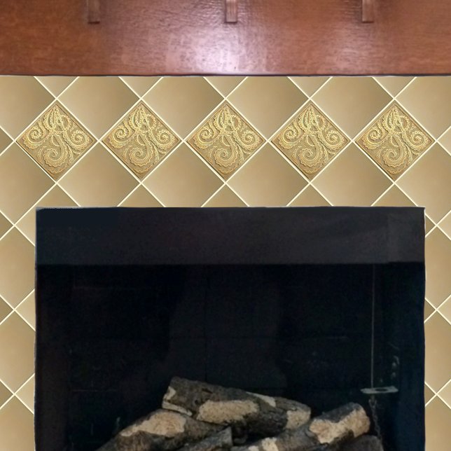 Fiddlehead fern Tan Ceramic Tile Kakelplatta (Gold Fiddlehead firn shown on a fireplace)