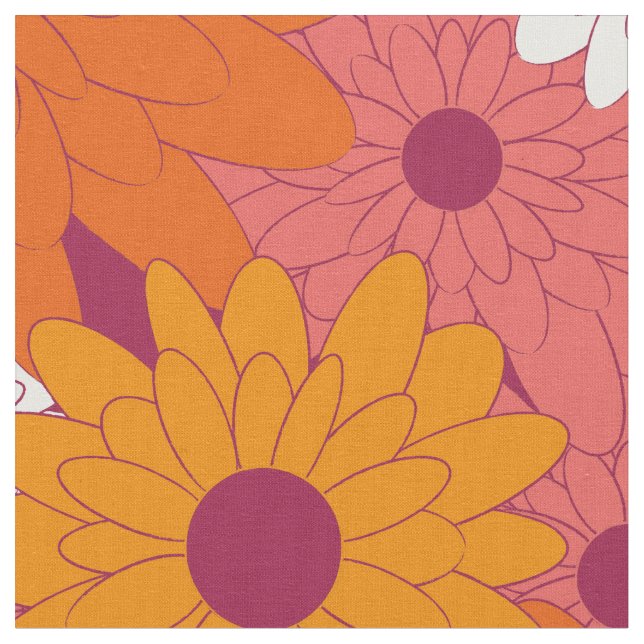 Field of Flowers Pink Retro Print Tyg (Närbild)