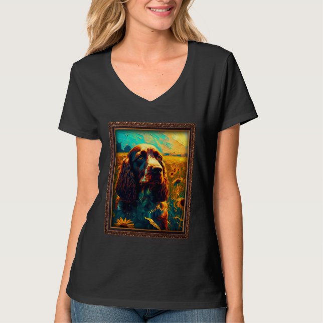Field Spaniel Painting Sunflower Flower Mom Women  T Shirt (Framsida)