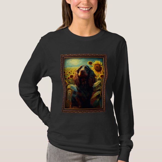 Field Spaniel Painting Sunflower Flower Mom Women  T Shirt (Framsida)