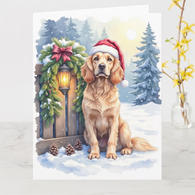 Field Spaniel Snowy Fence Santa Hat Christmas Art Kort (Gul blomma)