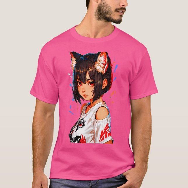 Fierce Anime Girl med Fox Öron och Wolfs T Shirt (Framsida)