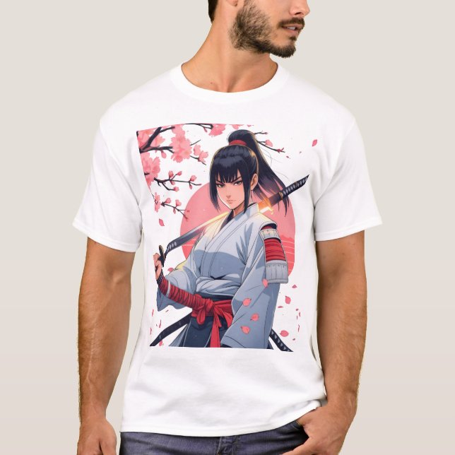 Fierce Anime Samurai Girl Katana |Japanska Warrior T Shirt (Framsida)