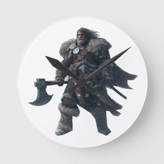 Fierce Barbarian Warrior med antika Ax Rund Klocka (Framsida)