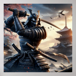 Fierce Black Samurai Warrior in Traditional Armor Poster