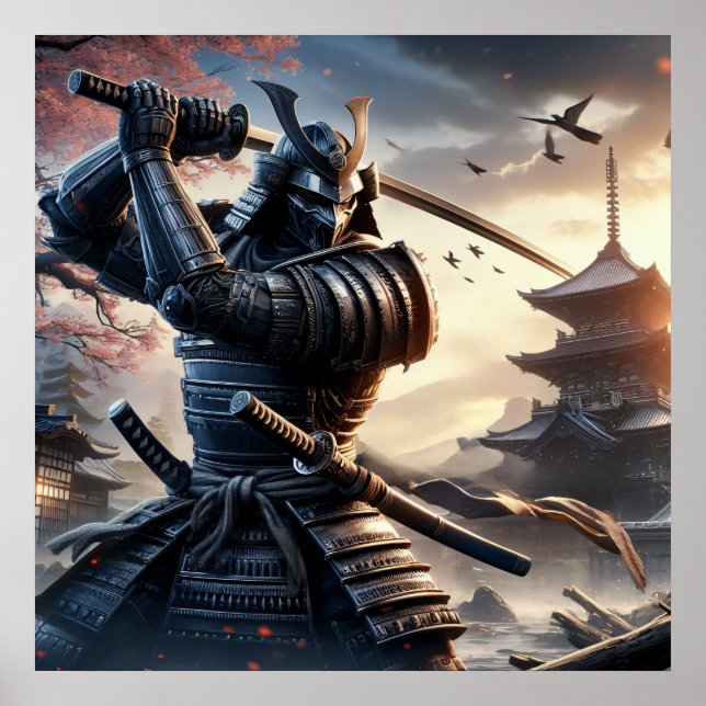 Fierce Black Samurai Warrior in Traditional Armor Poster (Framsidan)