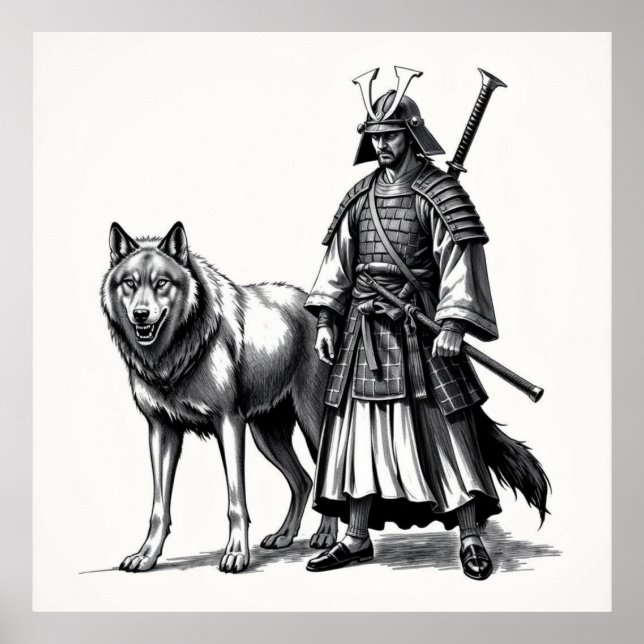 Fierce Bond: Samurai och Varg Charcol Art. Poster (Framsidan)