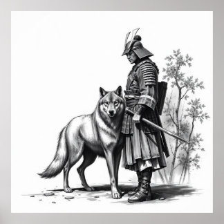 Fierce Bond: Samurai och Varg Charcol Art. Poster