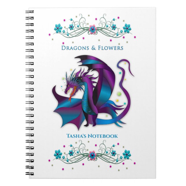 Fierce Dragon Flowers Feminine Namn Infoga Spiral Anteckningsbok (Framsidan)