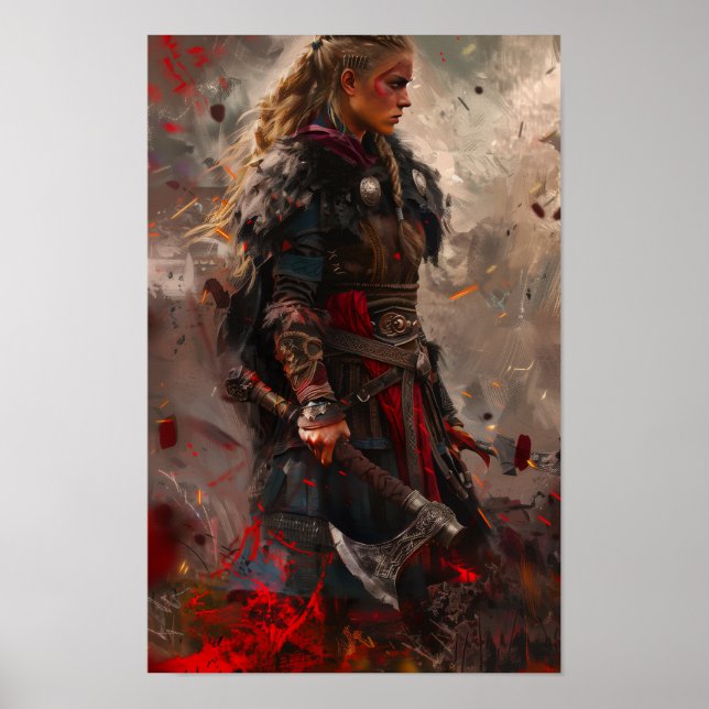 Fierce Female Viking Warrior Holding Viking Ax Pos Poster (Framsidan)