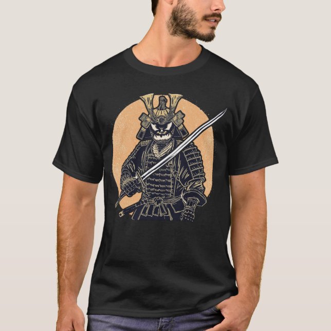Fierce Halloween Pumpkin Samurai Warrior Design T Shirt (Framsida)