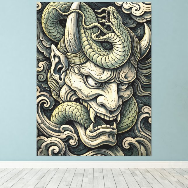 Fierce Horned Demon Serpent Storm Pop Art Canvastryck (Insitu (trägolv))