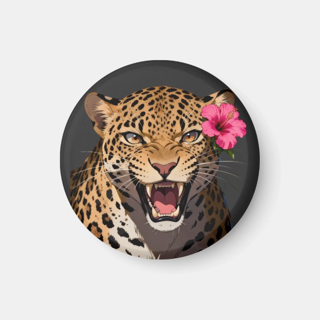 Fierce Leopard Pink Flower Keychain Magnet (Framsidan)