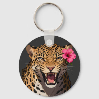Fierce Leopard Pink Flower Keychain Nyckelring