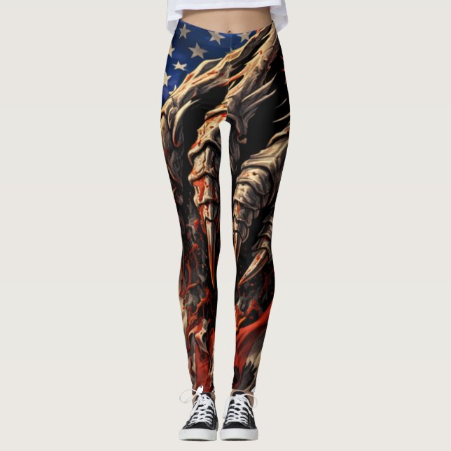 Fierce Monster Tearing American Flag Art Leggings (Framsida)