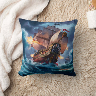 Fierce Pirat Frakt Engaging Stormy Seas at Dusk Kudde
