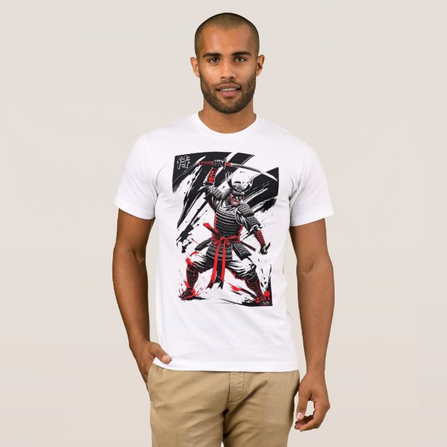 Fierce Samurai Warrior Bläck Art T Shirt (Hel framsida)